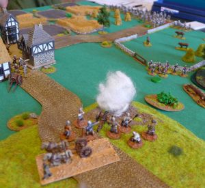 Culverine firing at the approaching Lancastarians.